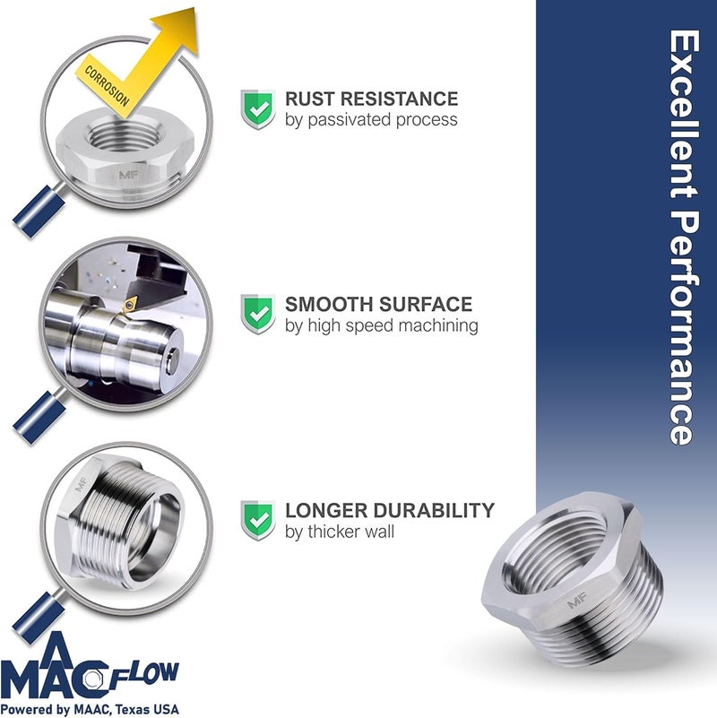 MAACFLOW Stainless Steel 1/2" Male NPT to 1/4" Female NPT Adapter Reducer Hex Bushing (Thread OD 0.81" - ID 0.44") (Pack of 1) - Image 5